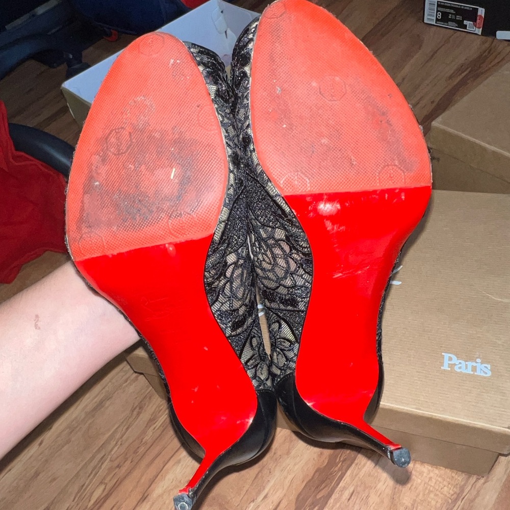 Christian Louboutin Black Lace Peep-Toe Stilettos - Picture 9 of 11